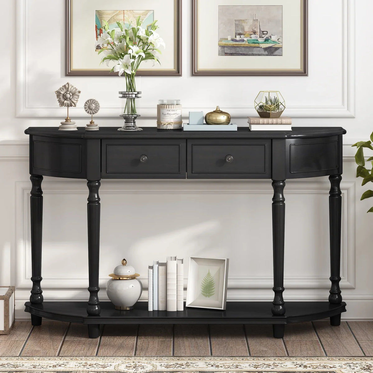 (Cherry Antique with Curved Solid Legs Open Two OLD Drawers WF298768AAC) Wooden Retro Frame Style Console Circular Design Blue Top Shelf and SKU Table TREXM +