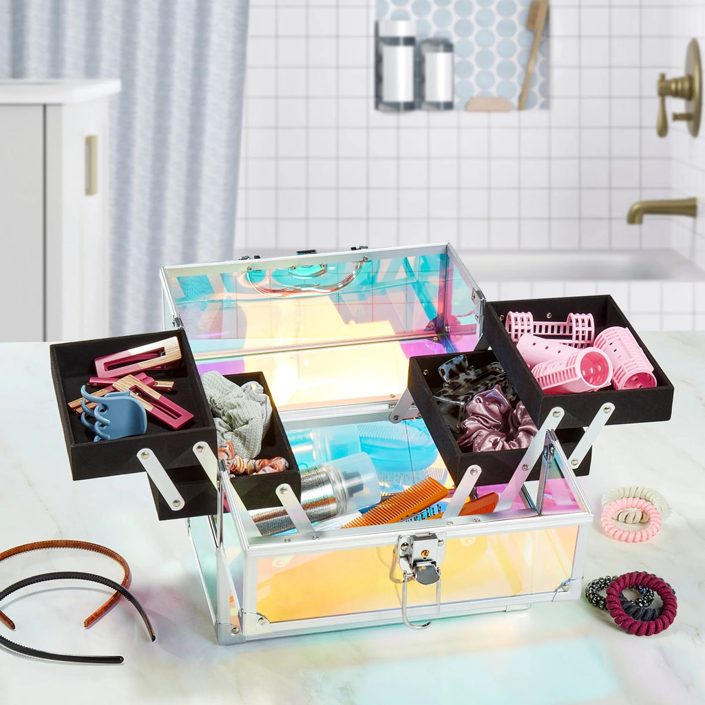 7.9" 9.85"x Train Translucent, Organizer, Case 6.7"x Cosmetics Iridescent Trays, 4 Makeup