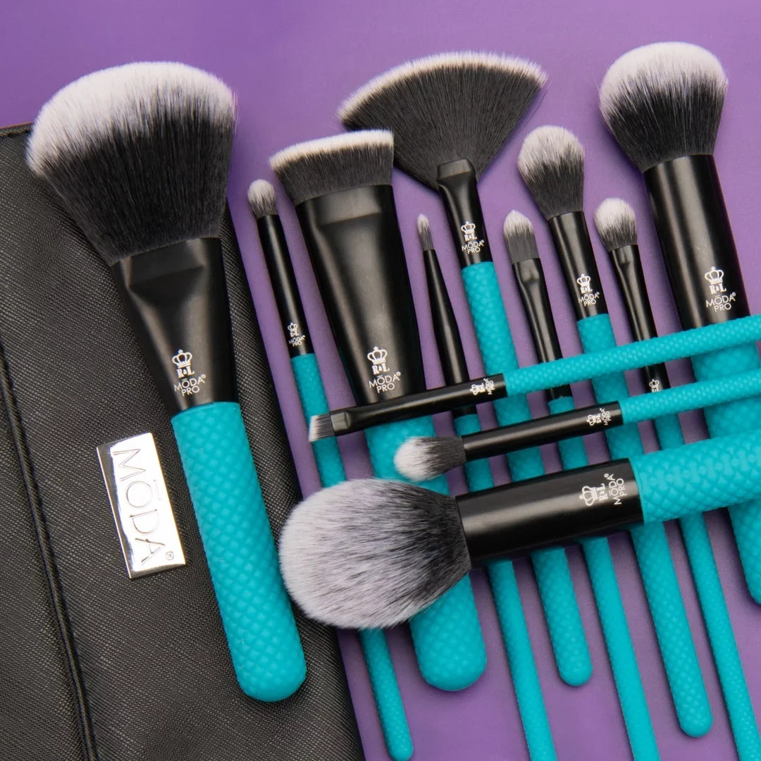 Makeup with Flat Crease Moda Teal Brush Pro Highlight, Set Brush Brushes Wrap, Full and 13pc Makeup Face Powder, Includes