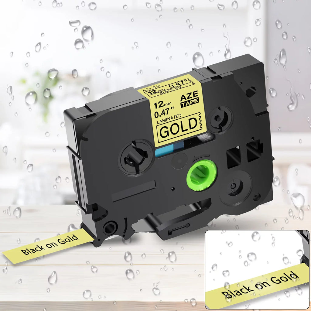 Tape Compatible Label Brother 50PK on Black TZe831 GREENCYCLE for TZ P-touch 12mm TZe-831 TZ831 Gold Laminated TZ-831 TZe