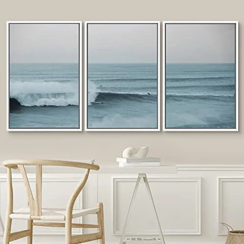 Surfers Modern Angle Wall Chic Art Ocean Waves White Art for PixonSign Nature Room, 24"x36"x3 Photography Wide Bedroom, and Wilderness Office Framed - Set Rushing Scenic Living Modern
