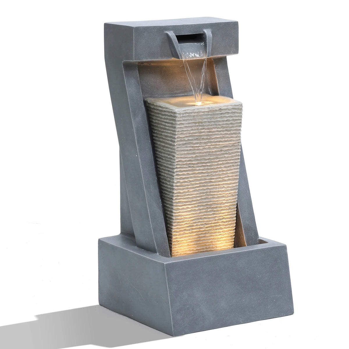 2-Column Gray Sculpture Resin Lights Fountain Outdoor LuxenHome with