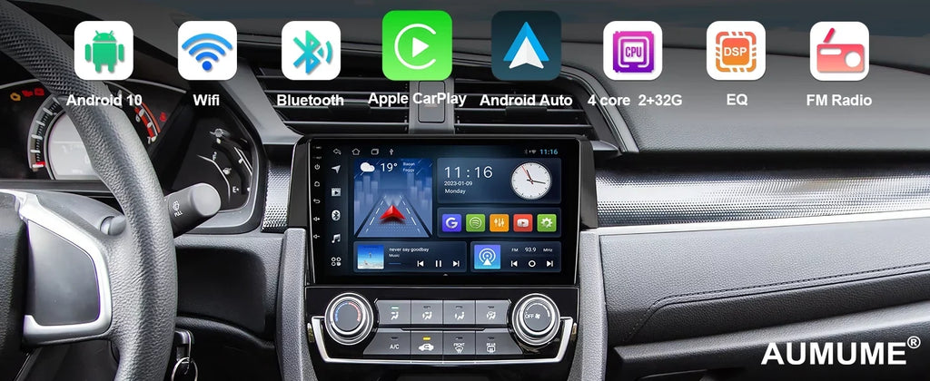Built-in Inch with for Control 10 Wheel Auto/GPS/Bluetooth/FM/AUX-in/Steering Radio Double Car 9 2+32G Touchscreen 2016-2020 Stereo Civic Wireless Honda Carplay/Android Backup Android Din Camera
