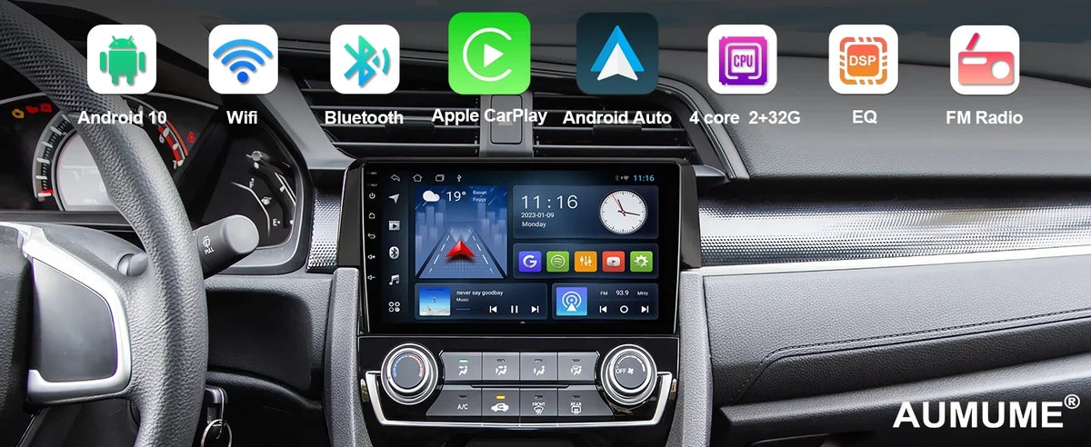 Built-in Inch with for Control 10 Wheel Auto/GPS/Bluetooth/FM/AUX-in/Steering Radio Double Car 9 2+32G Touchscreen 2016-2020 Stereo Civic Wireless Honda Carplay/Android Backup Android Din Camera