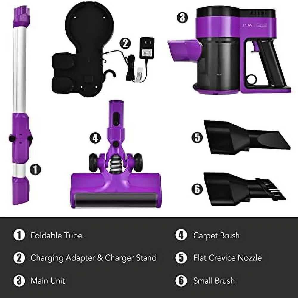Vacuum For 3-In-1 (Purple) Cleaner, & Lightweight Cordless Floor Battery, Rechargeable Stick Hair, 45-Minute & Car, Wall-Mounted Vacuum Handheld Carpet Runtime With 2000Mah Hard Pet Vacuum