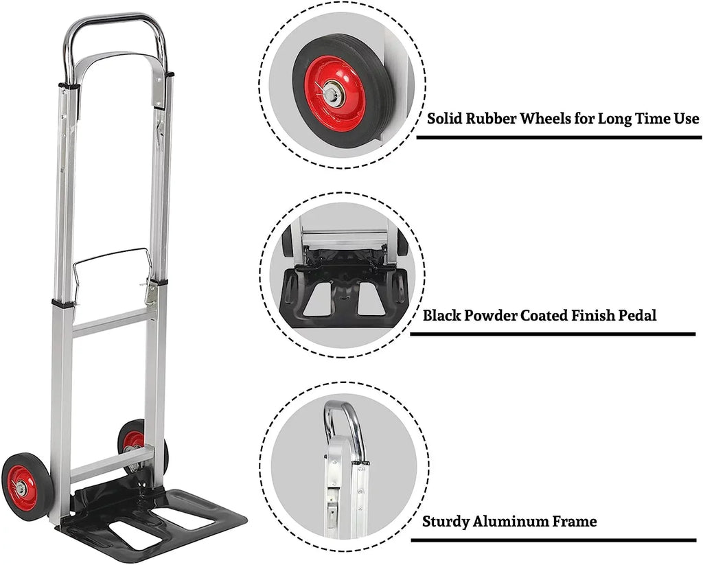 Hand Industrial Shopping Rubber for Truck Luggage Heavy Foldable with Telescoping Trolley or Cart Compact Handle Aluminum and Travel, Portable Wheels Duty