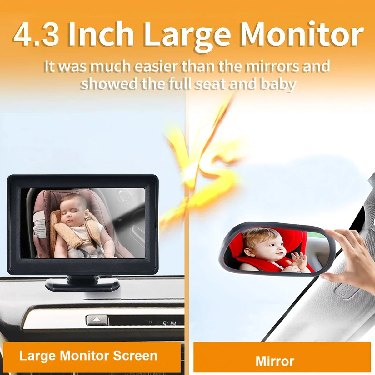 Car Facing Car Arealer Wide Mirror Car Monitor Seat 150° Rear Installation 1080P Display Monitor Seat View 4.3 for Easy Inch Mirror