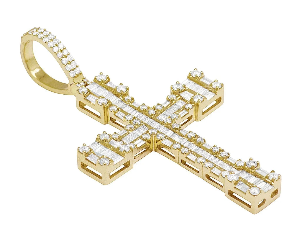Diamond 10K Gold Gold Baguette 1.5" Cross 2.75CT-Yellow