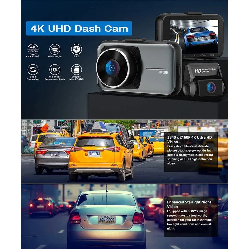 Rear 256GB Front Mode Support Parking Dual Wide Vision Full Dash Max 3 Cam 4K/2.5K+1080P 3.16" 24H ONEMAYSHIP Channel HD Night WDR Angle
