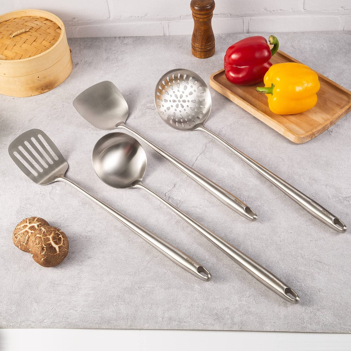 Extra Tools Spatula Newest 304 Cooking Skimmer Slotted Long And All Spoon Set Utensils 17Inch Spatula Cooker Wok Equipment Stainless Metal Stiwee 4Pieces Handle Cooking Steel Ladle Sale Kitchen 2024