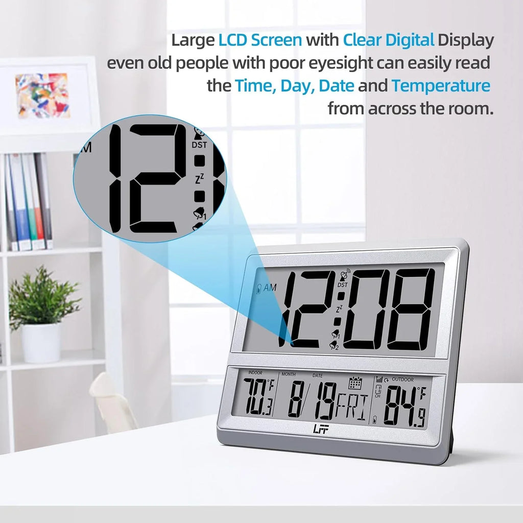 Digital Outdoor Display, Wall with Outdoor Sensor, Clock Bedroom, Indoor for Clock Wireless Atomic Read, Temperature and Sliver Alarm Large Desk to Clock Easy Date, Digital