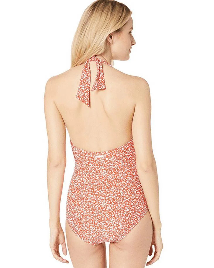 6 Deep Halter Size Michael Kors Red, Floral Michael V-Twist Shadow One-Piece, Womens