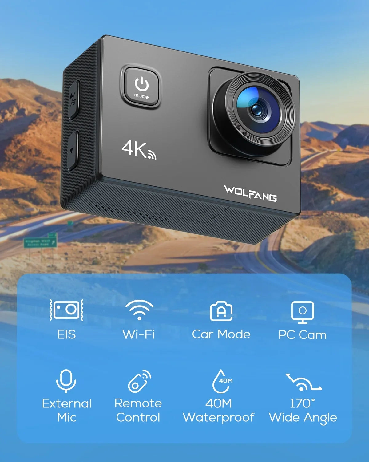 40M WiFi Waterproof Action EIS 20MP Underwater Camera Camera WOLFANG Cam Camera 170� Stabilization Action Video 4K