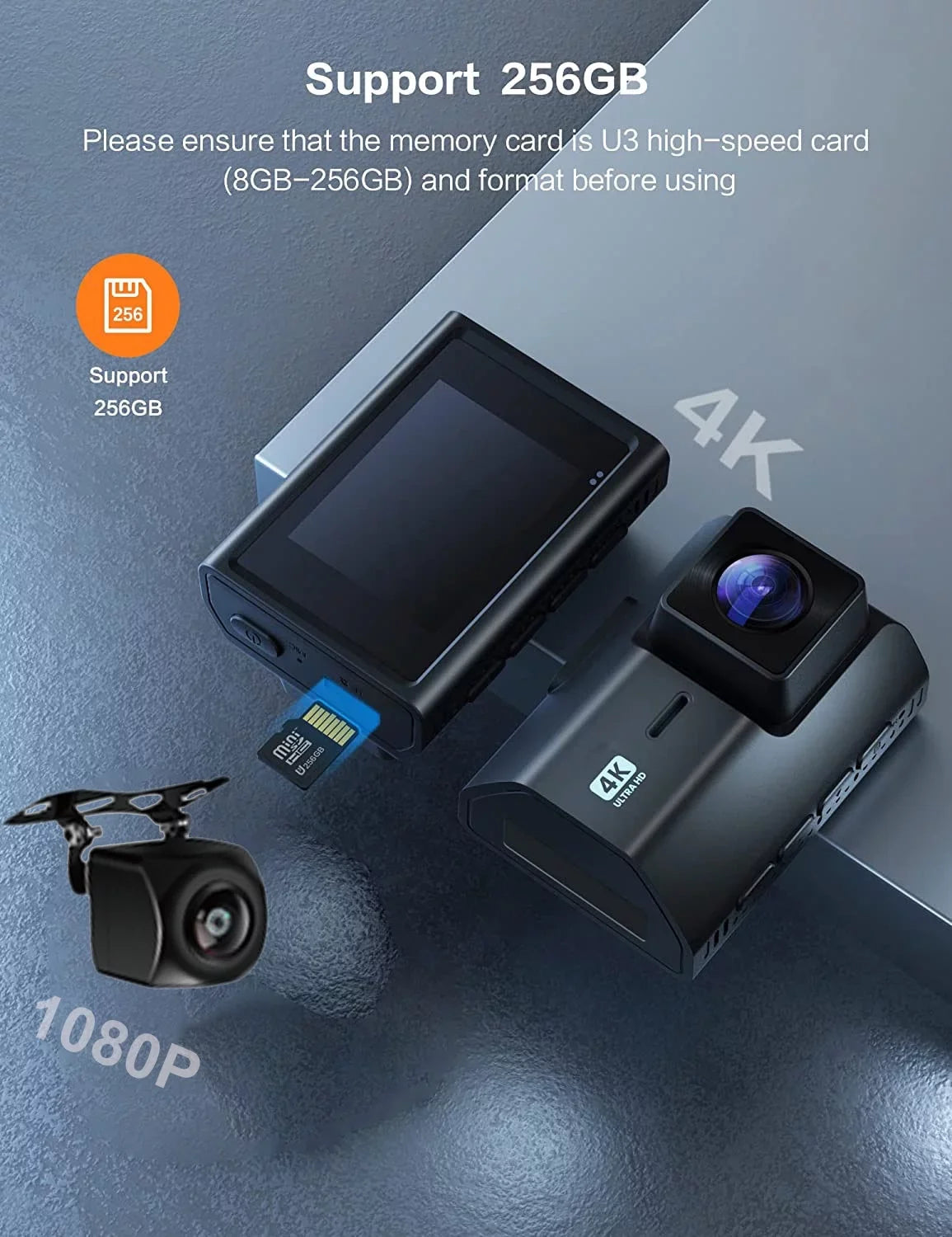 for Vision, SD Dash Mode, Inch Cam 2 Wide Front WIFI, with Rear 4K Night and Camera SD Recording, Card, Angle, Dash Dash Dual Cam Card GPS Loop Included 64GB Parking with Cars,