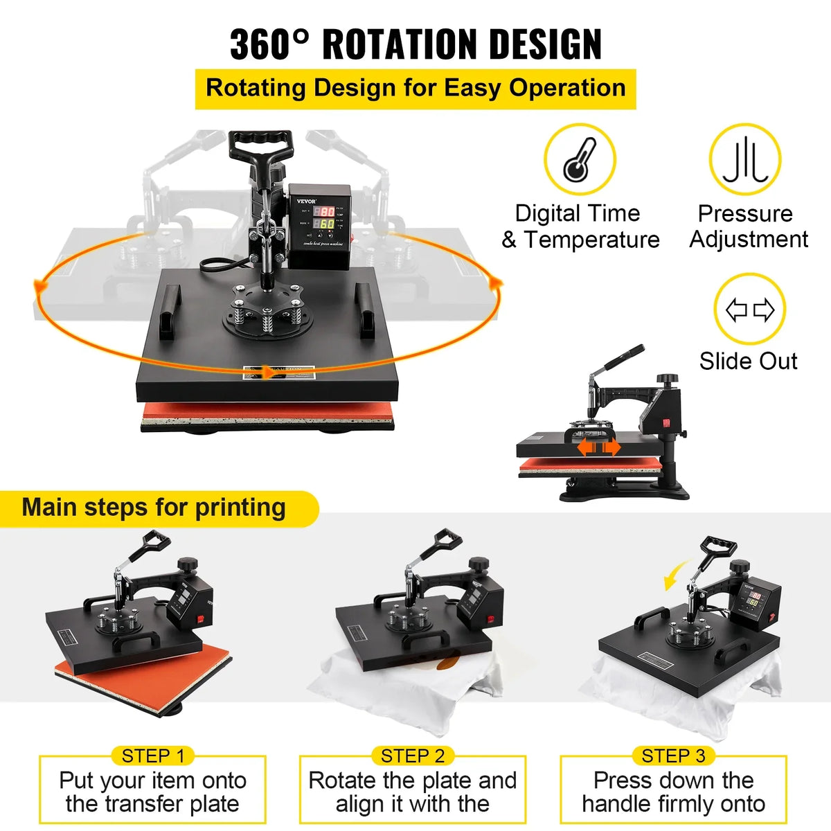Rotation in Away Dual LED Degree Display Heat Sublimation Multifunctional 1 Transfer Swing Combo Machine VEVOR Press 15"x15" Heat Machine Digital 8 360
