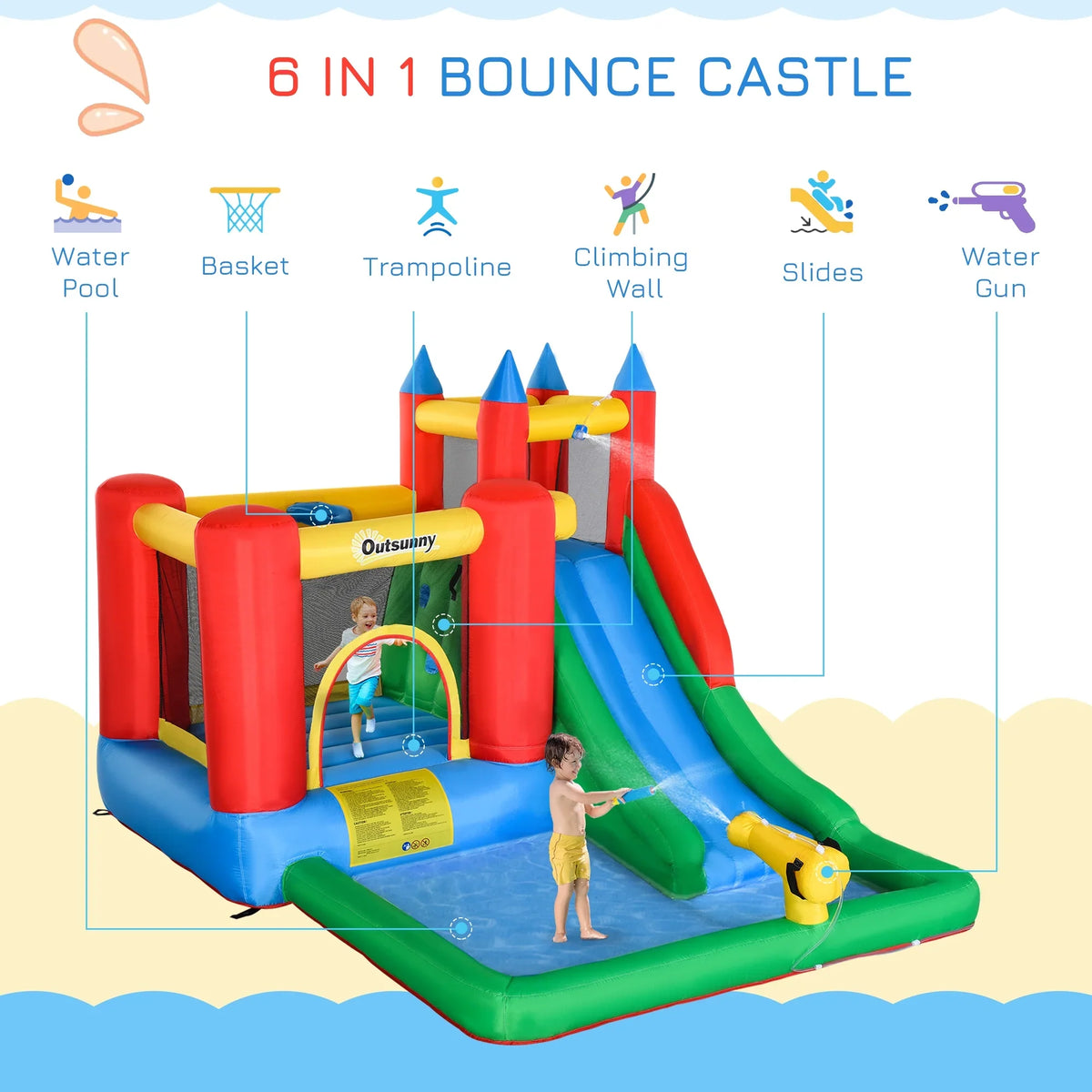 Inflator Kids Included, Water Backyard Slide Castle Bounce Inflatable House Water Water Activity Outsunny Jumping Pool, POWANLI 6-in-1 Cannon, Climbing Toy with Play Kids Outdoor Wall,