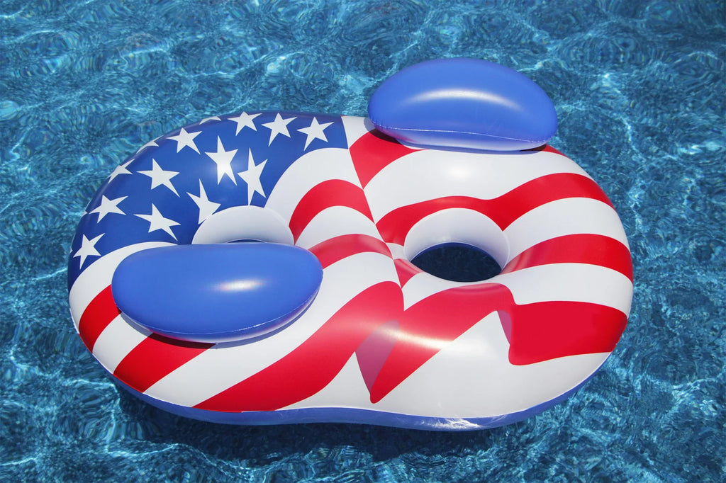 Flag 2-Person Lounger American Swimming - Circular Duo Inflatable Swimline Pool Patriotic 65"