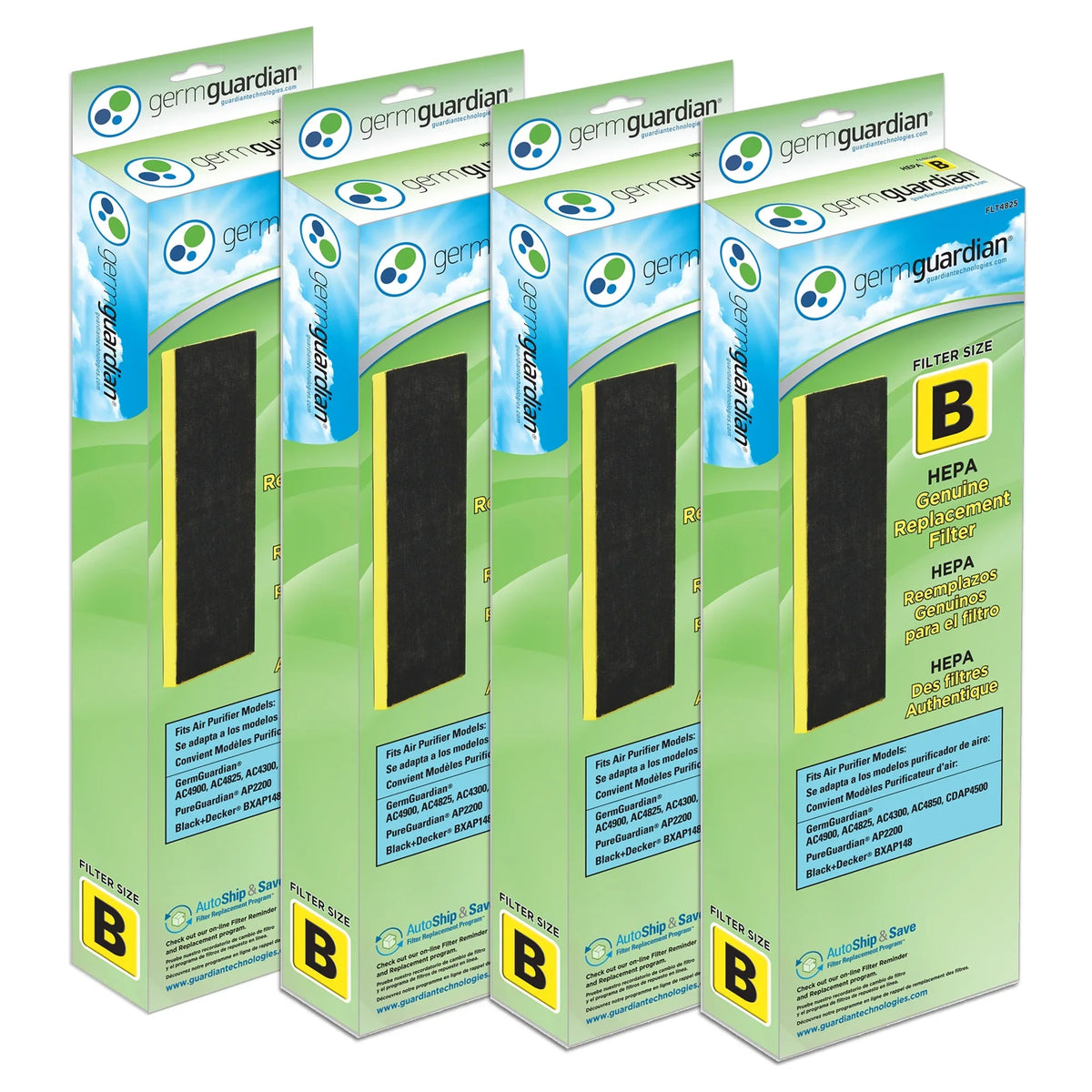 Replacement Air 4-Pack, for HEPA B Purifiers, Genuine Filter FLT48254PK Pure GermGuardian Filter