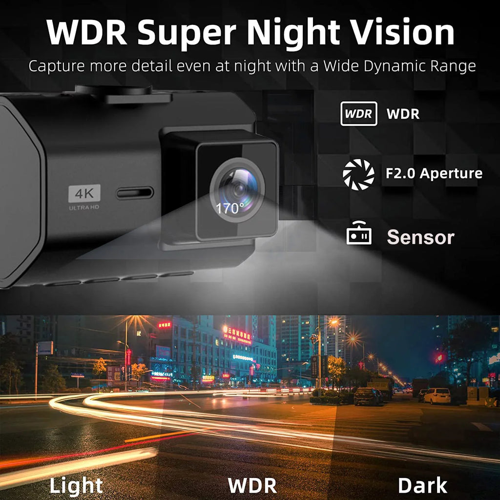 for Vision, SD Dash Mode, Inch Cam 2 Wide Front WIFI, with Rear 4K Night and Camera SD Recording, Card, Angle, Dash Dash Dual Cam Card GPS Loop Included 64GB Parking with Cars,