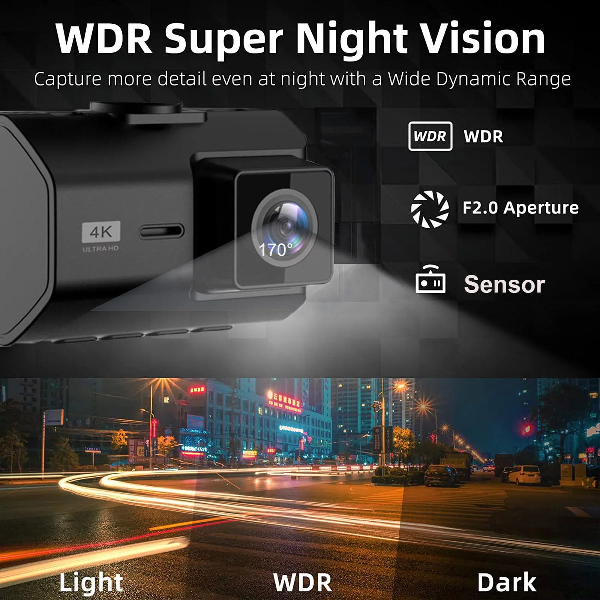 for Vision, SD Dash Mode, Inch Cam 2 Wide Front WIFI, with Rear 4K Night and Camera SD Recording, Card, Angle, Dash Dash Dual Cam Card GPS Loop Included 64GB Parking with Cars,