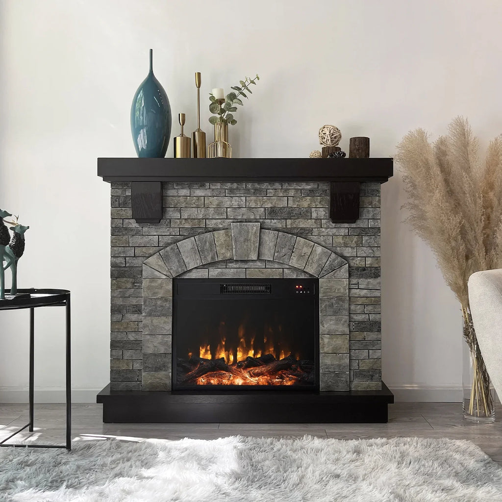 Infrared Gray Fireplace Freestanding, Mantel with Mountain Cloud Stone 45" Electric
