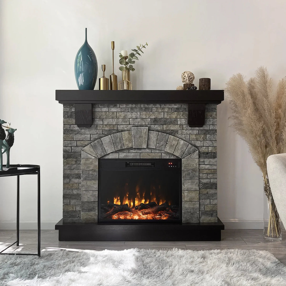 Infrared Gray Fireplace Freestanding, Mantel with Mountain Cloud Stone 45" Electric