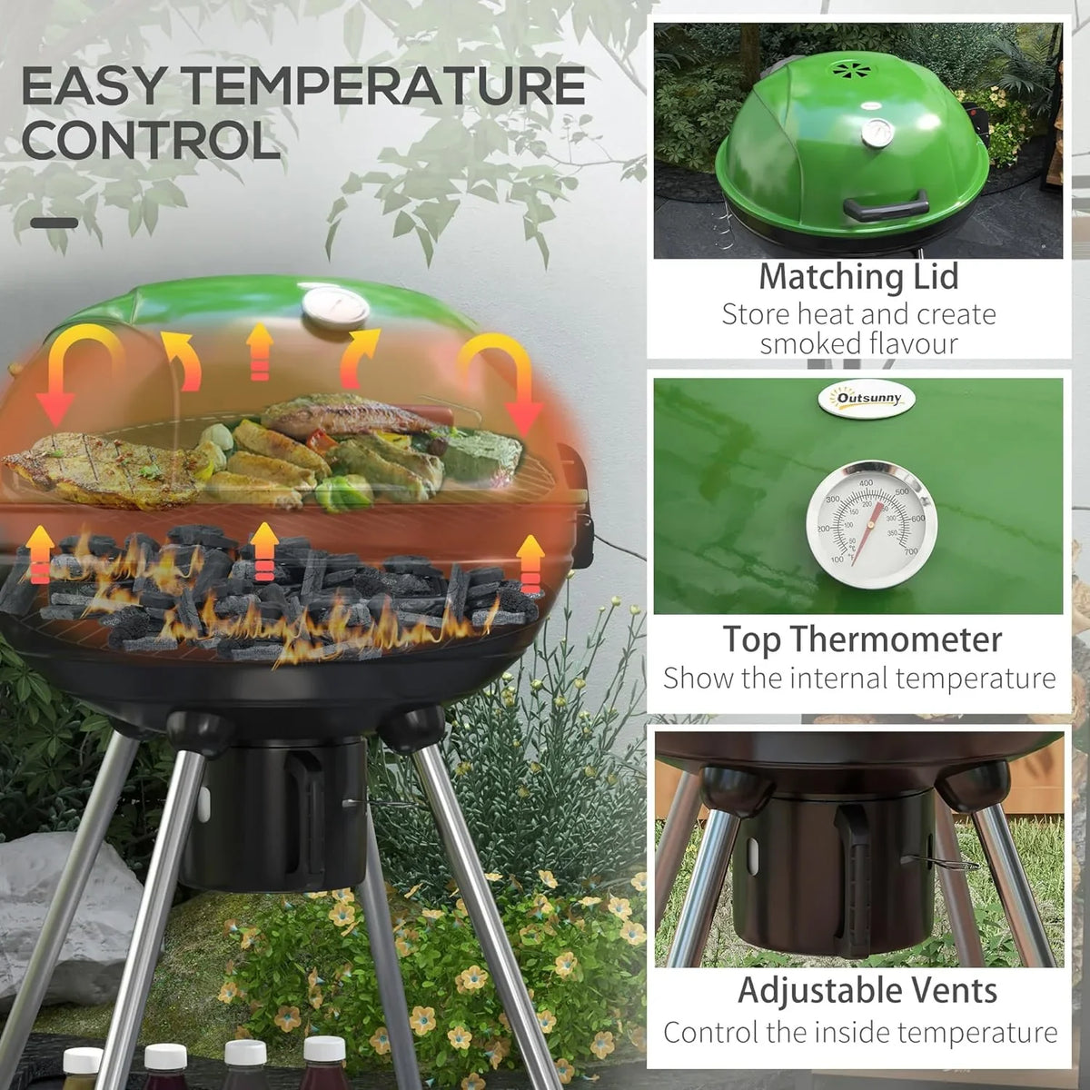 sq.in. Cooking Kettle Catcher Outdoor 21" Patio, Built-in Trolley Area, Thermometer and Barbecue with Backyard BBQ Shelf, Grill Green 360 with Wheels, Party, Charcoal for Ash