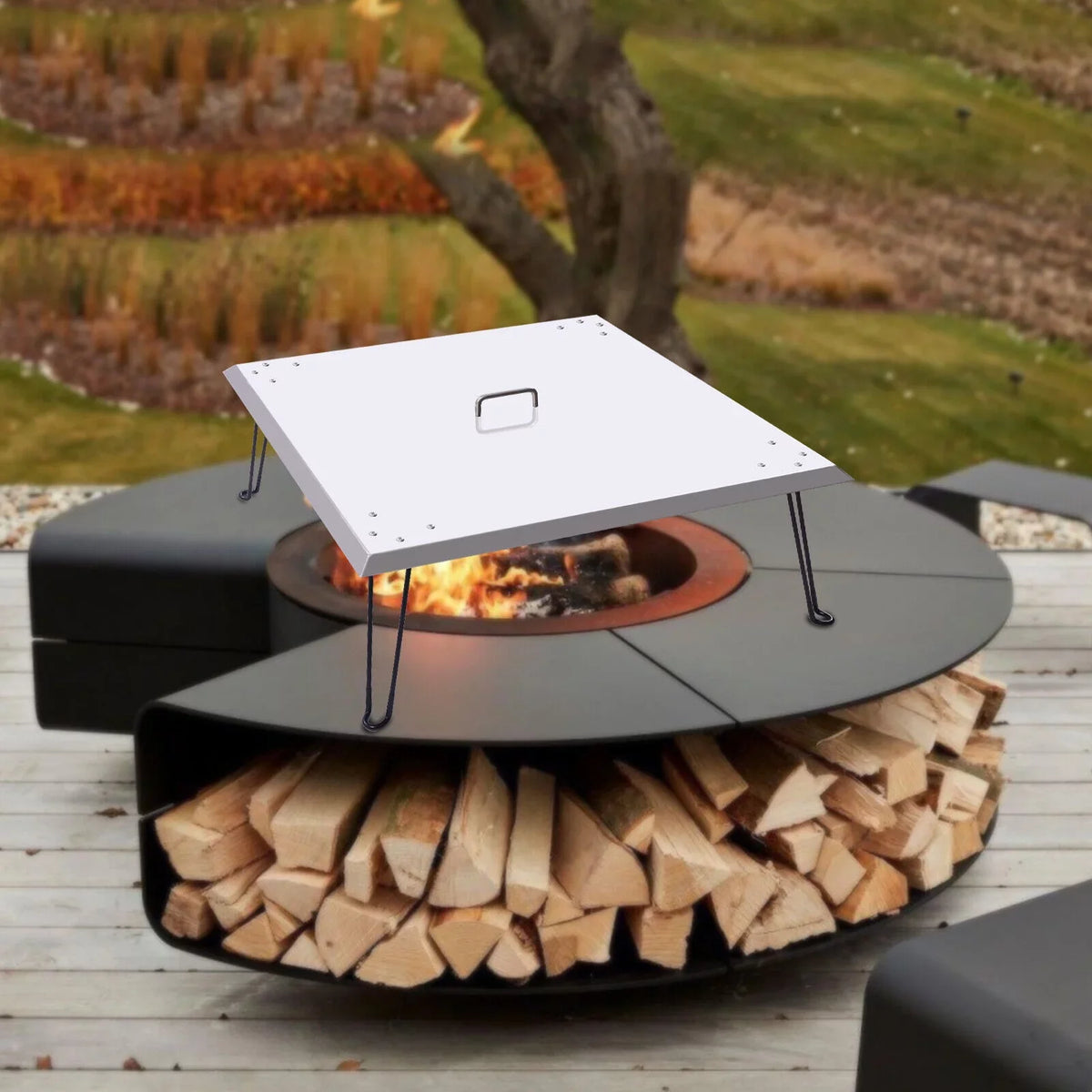with Down Cover Pit and Legs Steel Deflector Push 24*24in Out Heat Fire Burner Square to Pit Fire Stainless Foldable Heat Miumaeov