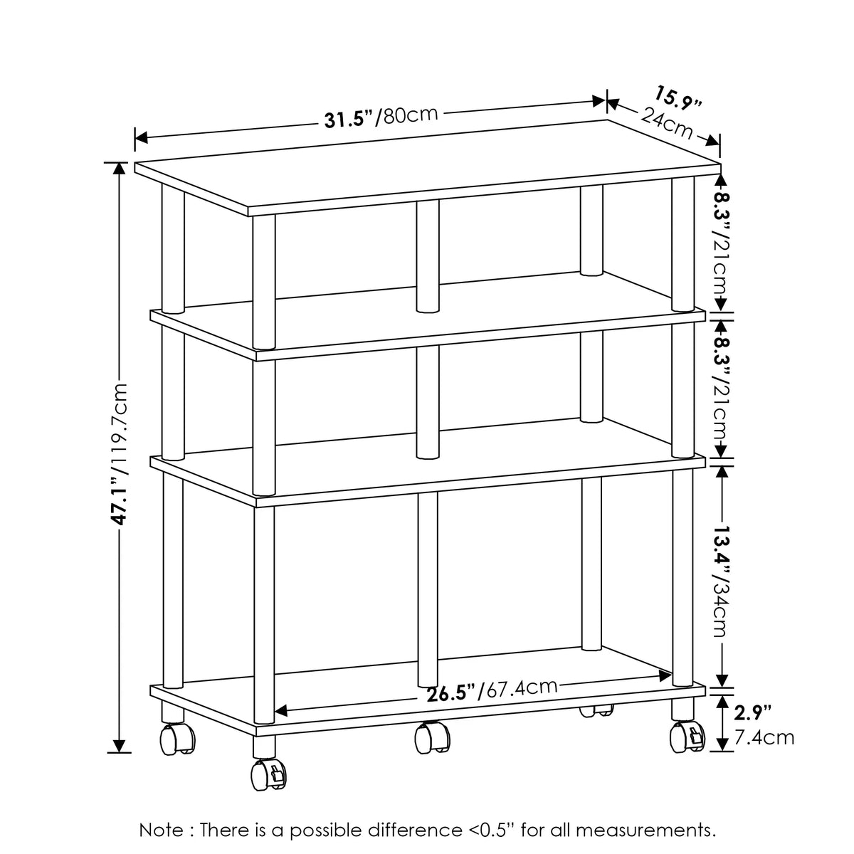 Columbia Furinno Kitchen Walnut/Black 4-Tier wheels, Helena Island Rolling on