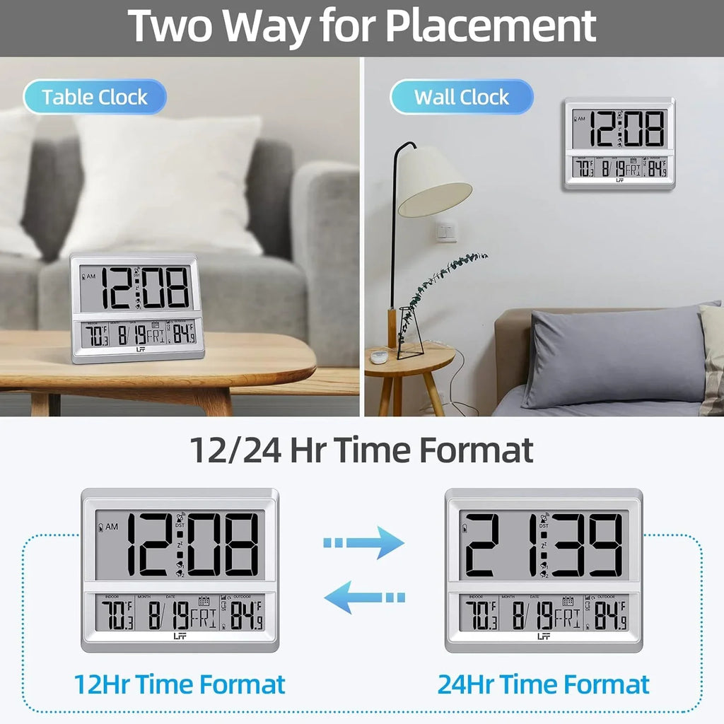 Digital Outdoor Display, Wall with Outdoor Sensor, Clock Bedroom, Indoor for Clock Wireless Atomic Read, Temperature and Sliver Alarm Large Desk to Clock Easy Date, Digital