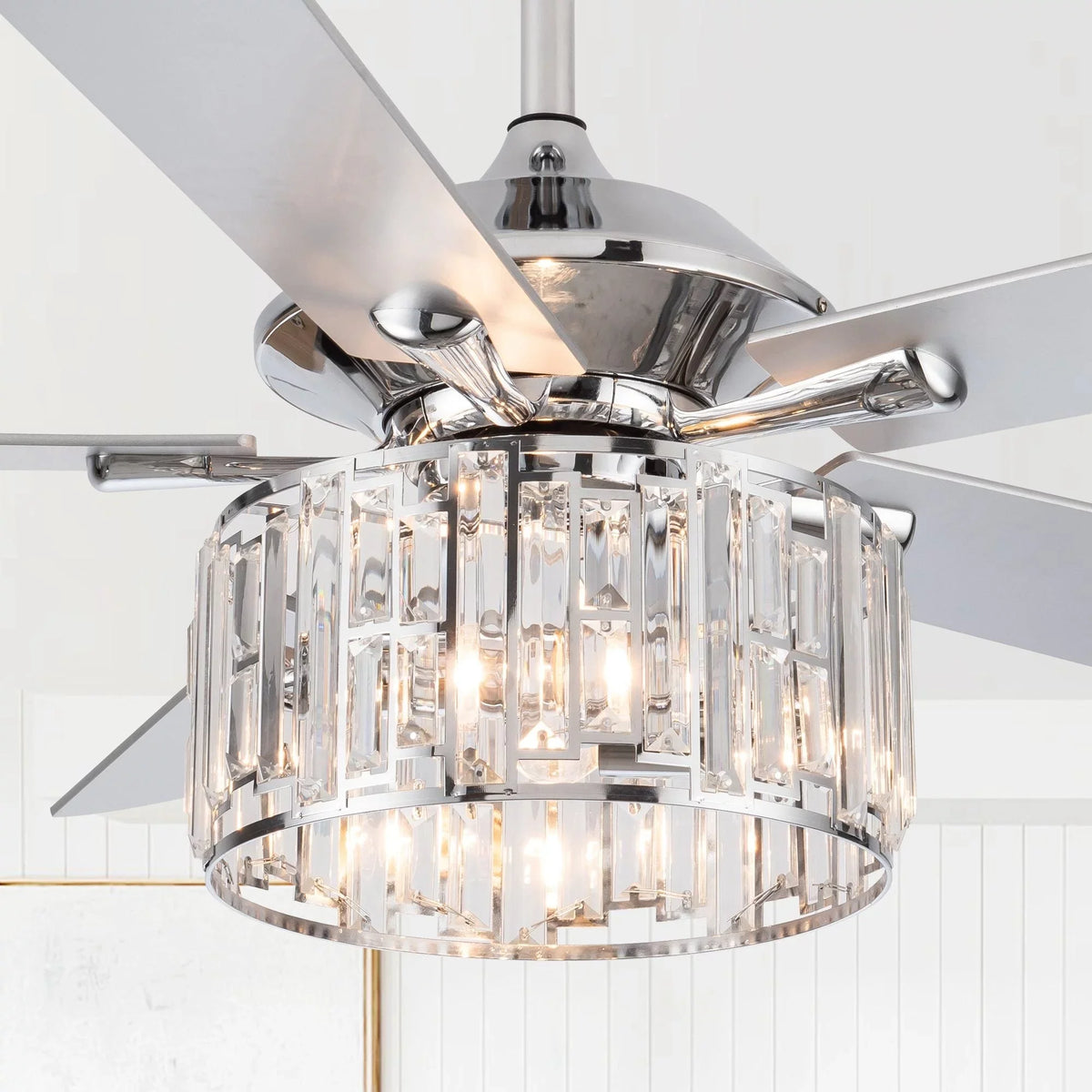 Chrome Crystal 5-Blade Remote Uncle 52" Wooden Modern Parrot Ceiling Fan with