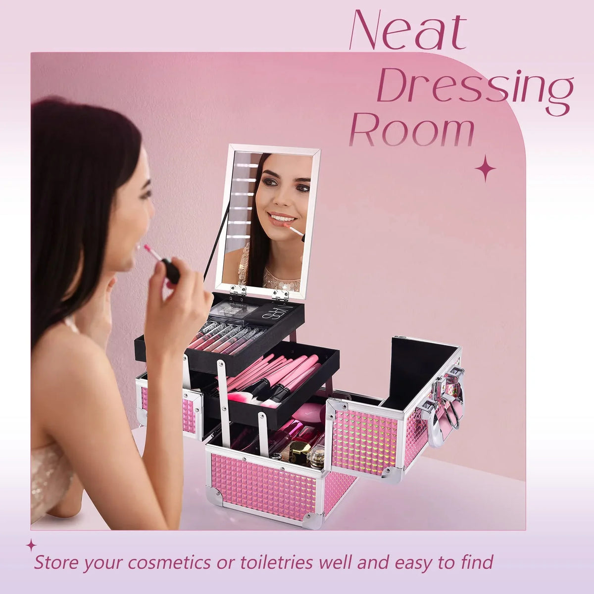 Joligrace Lockable Train 2 Makeup Case Case Organizer Trays with Box Makeup Cosmetics Mirror