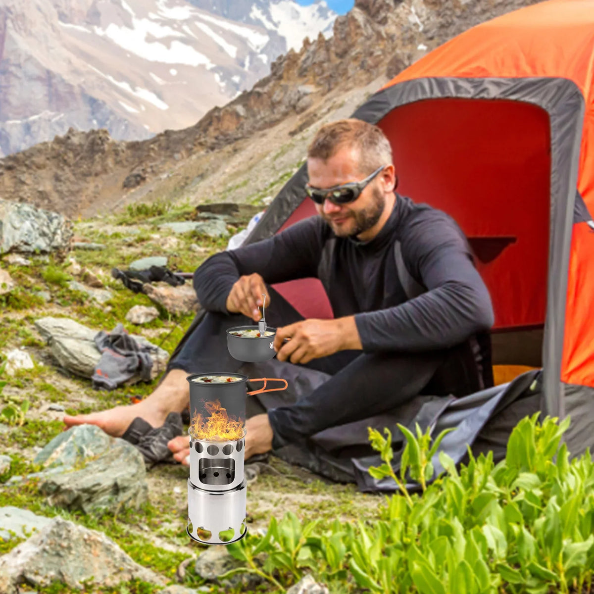 ammoon Set with Steel Stove Cutlery Picnics Cooking Lightweight and Stainless for Backpacking Aluminum Pot Utensils Ideal Camping and