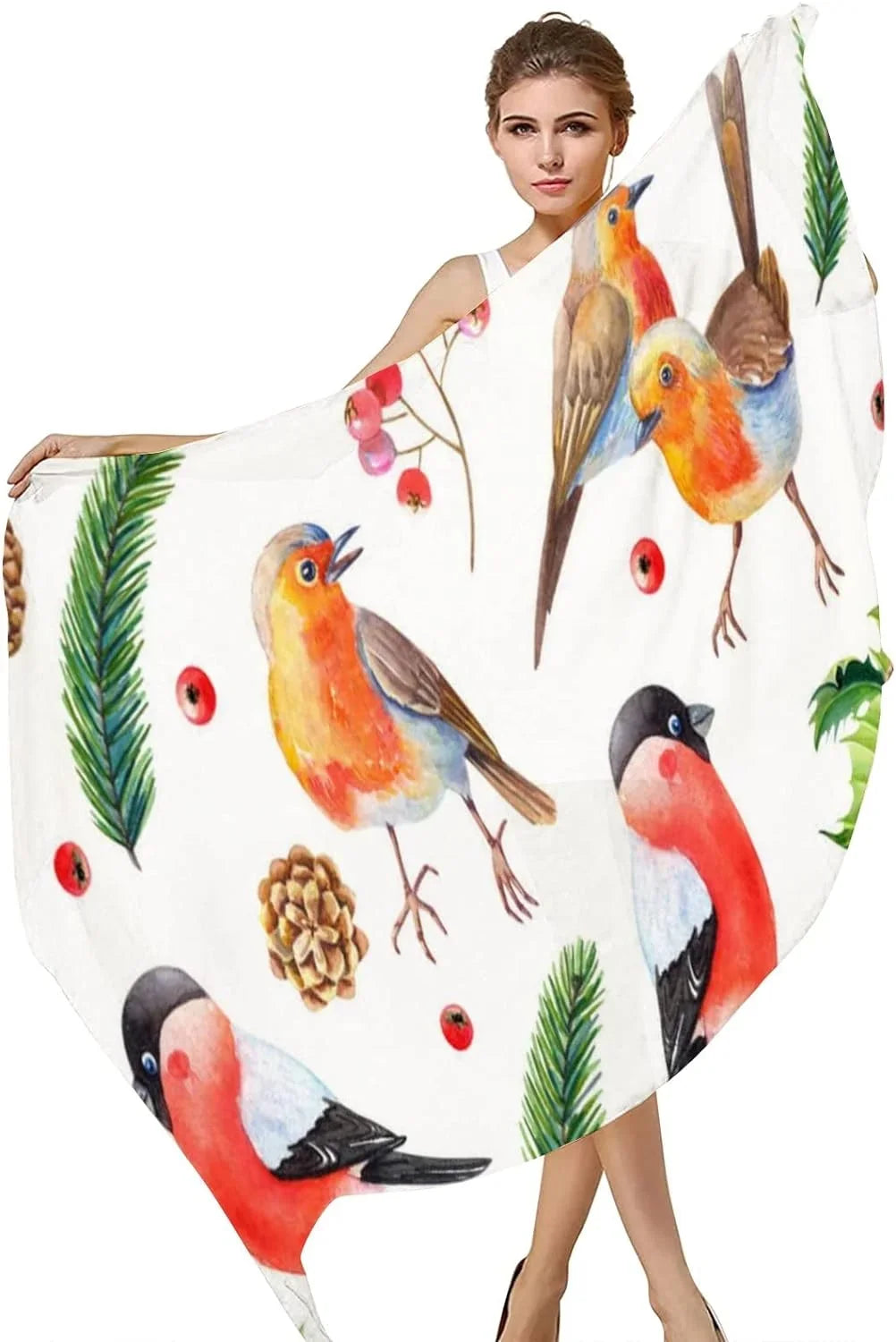 Scarf Scarves Wrap Leaves Long Girls Christmas Bird Lightweight Hyjoy Watercolor with Neck for Women Shawl Silk