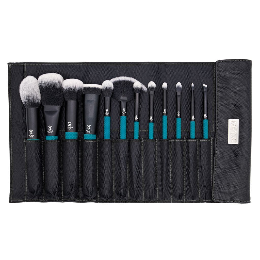 Makeup with Flat Crease Moda Teal Brush Pro Highlight, Set Brush Brushes Wrap, Full and 13pc Makeup Face Powder, Includes