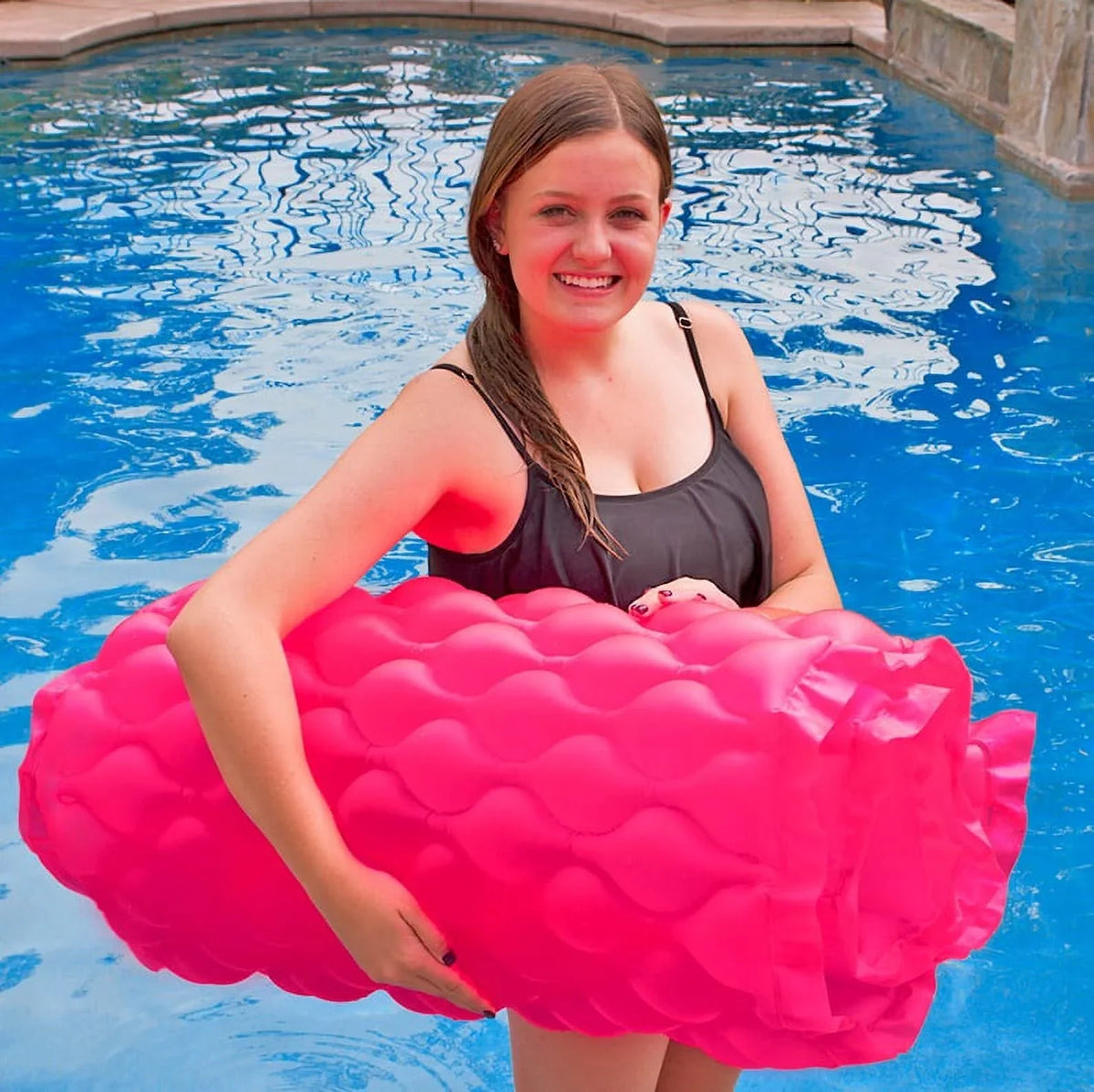 Air Swimming Mattress Pink 1-Person 'N' Pillow 85" Go Roll - Inflatable Pool with