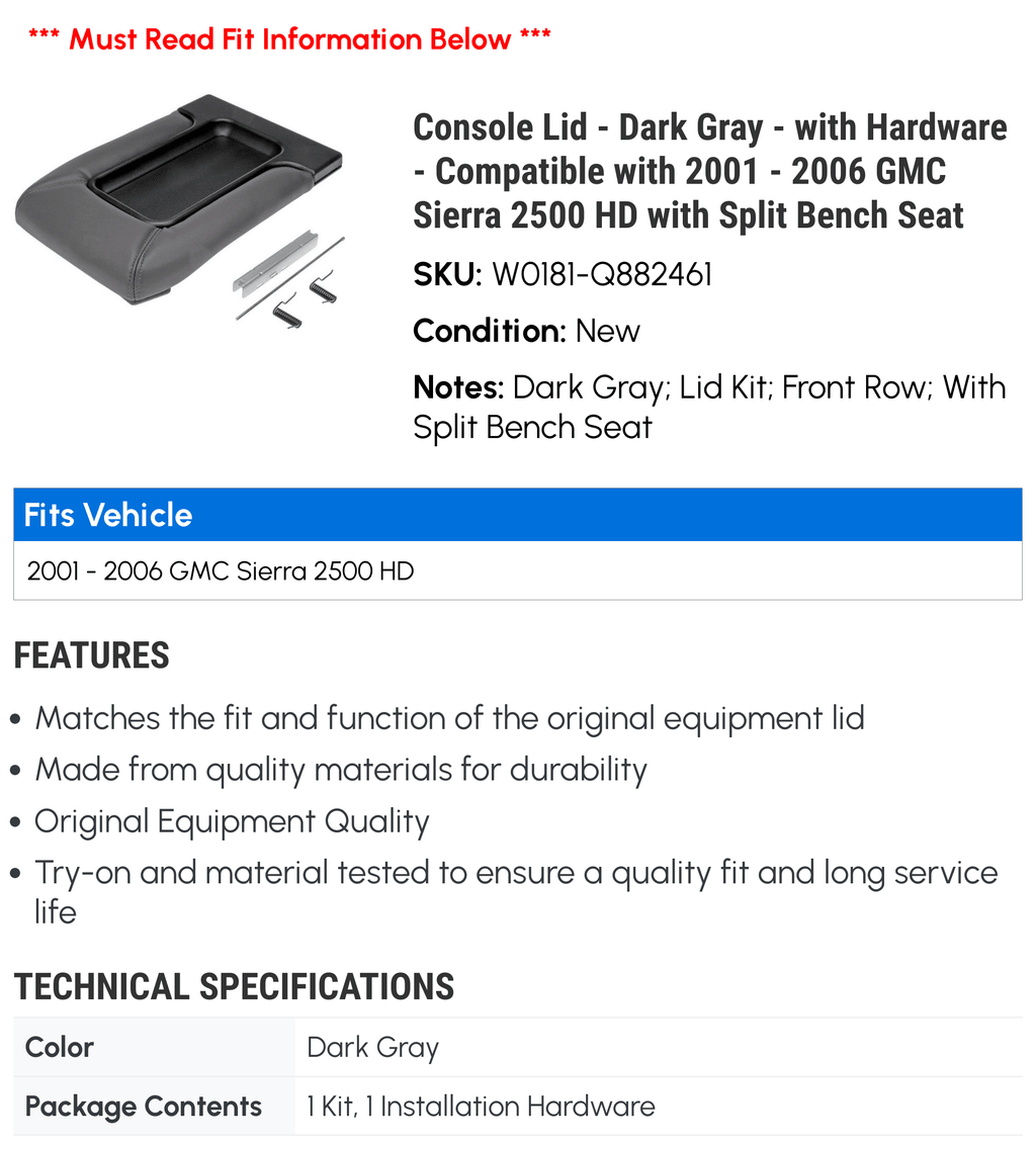 Dark Lid with 2500 Compatible 2001 with Gray 2006 Hardware 2002 Bench Console Sierra 2005 - 2003 Split 2004 - GMC HD - with Seat -
