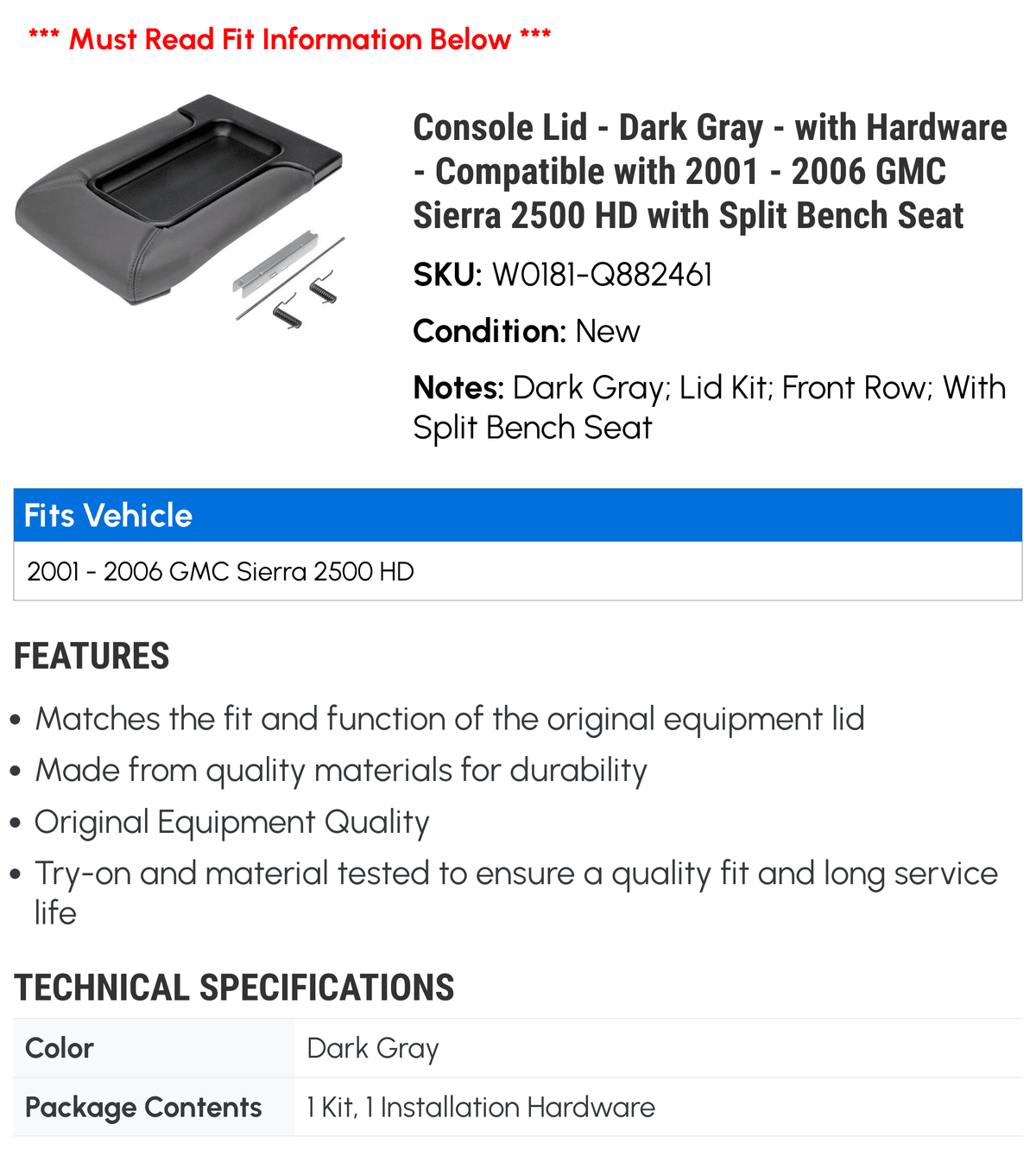 Dark Lid with 2500 Compatible 2001 with Gray 2006 Hardware 2002 Bench Console Sierra 2005 - 2003 Split 2004 - GMC HD - with Seat -