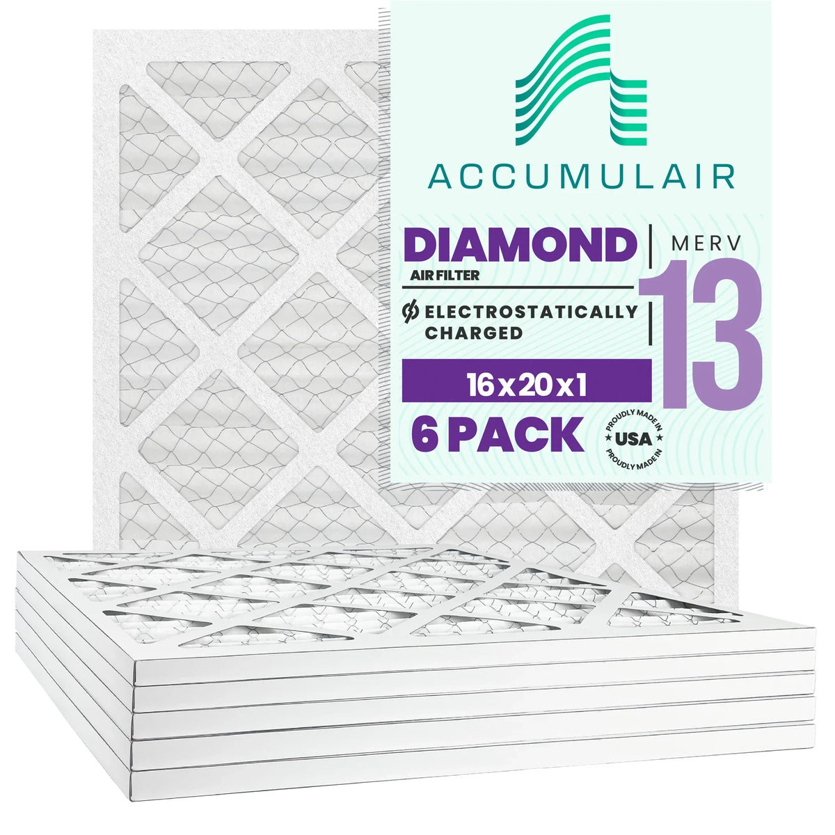 Diamond (6 pack) 16x20x1 Filters Accumulair MERV 13 Air/Furnace