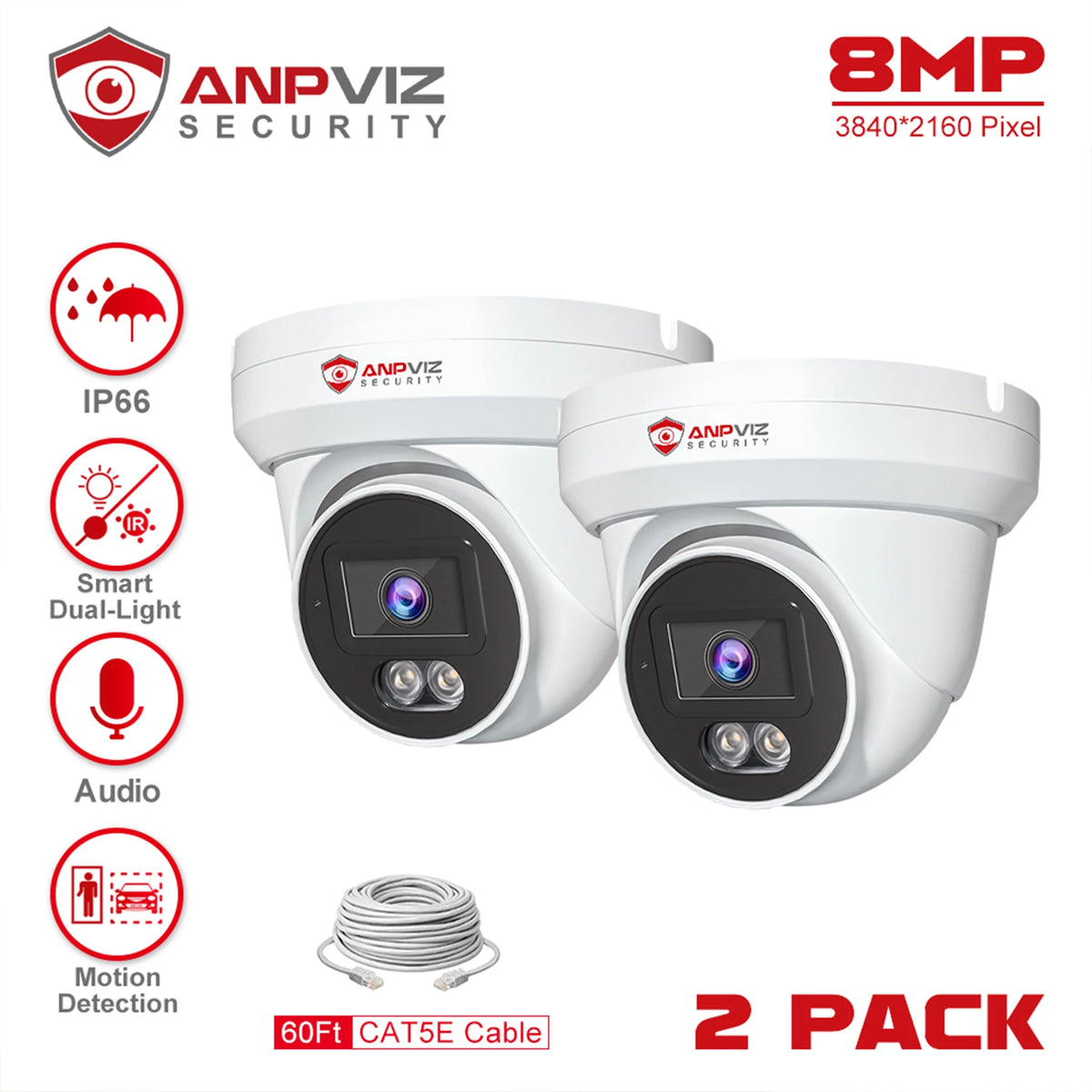 PoE Vision Built-in Color 4K Camera Light Smart IP with Vehicle 8MP 110° Mic, Detection, Night Dual Camera Anpviz Cameras Turret 98ft, Wide Outdoor, IP66 Angle, Waterproof PoE Security AI Human