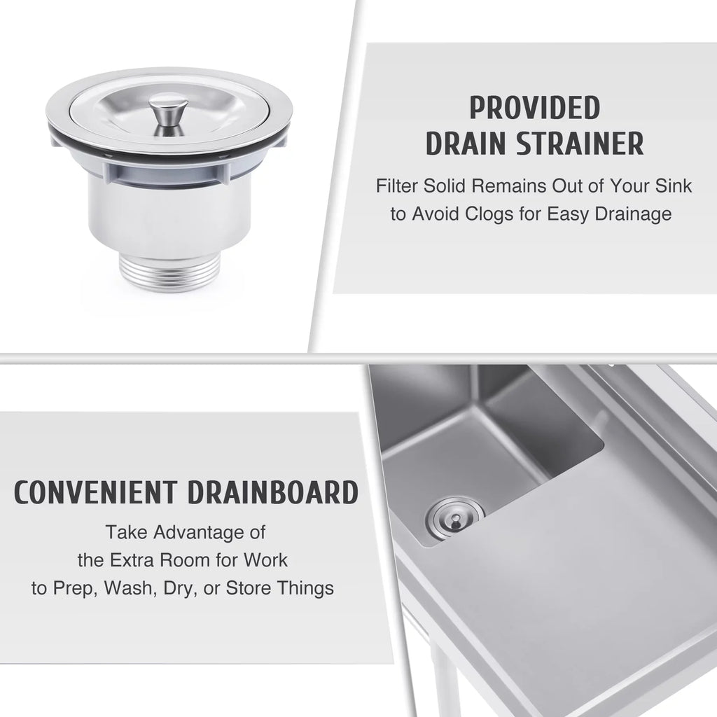 for Steel Backsplash Wilprep Bar Stainless Utility Commercial Drainboard w Kitchen Sink Strainer
