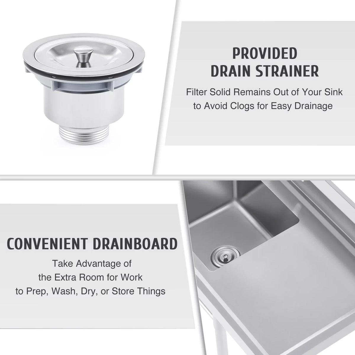 for Steel Backsplash Wilprep Bar Stainless Utility Commercial Drainboard w Kitchen Sink Strainer