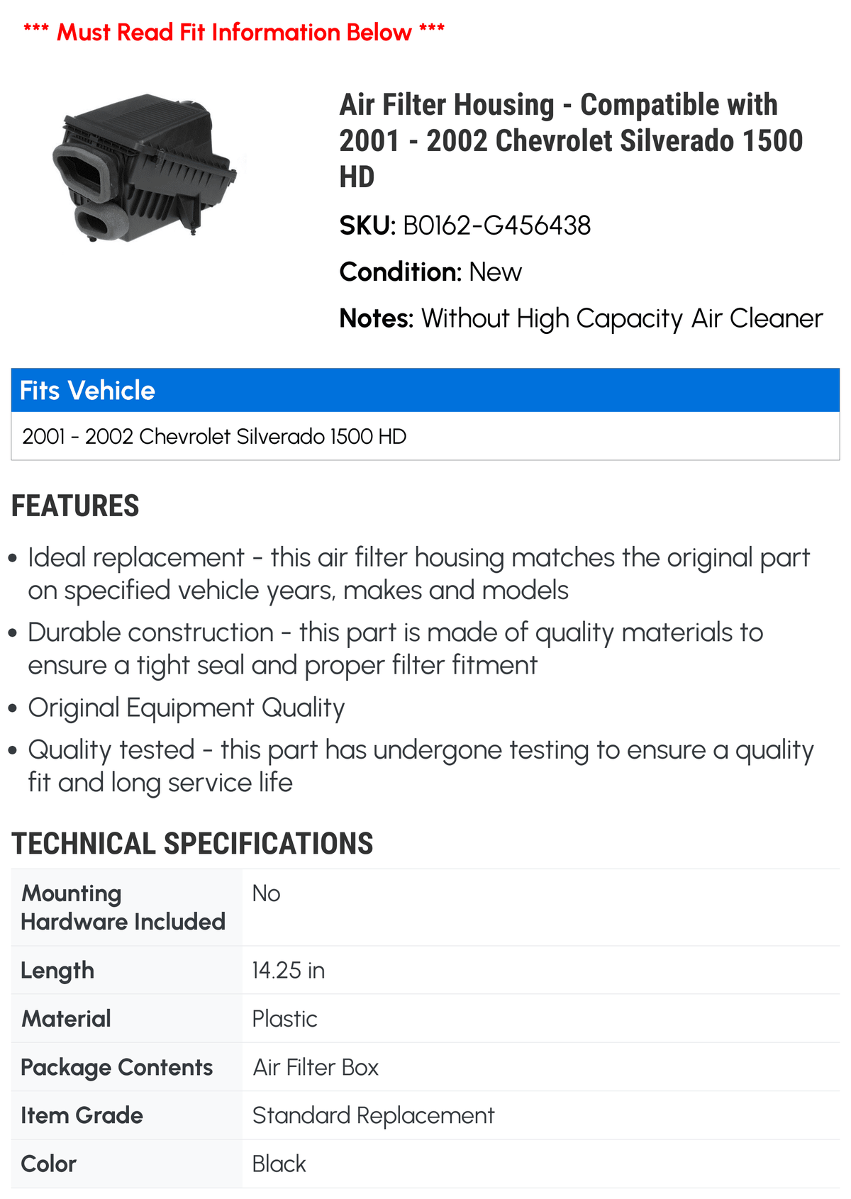 Filter Silverado - 2001 1500 - Compatible Air 2002 Housing Chevy HD with