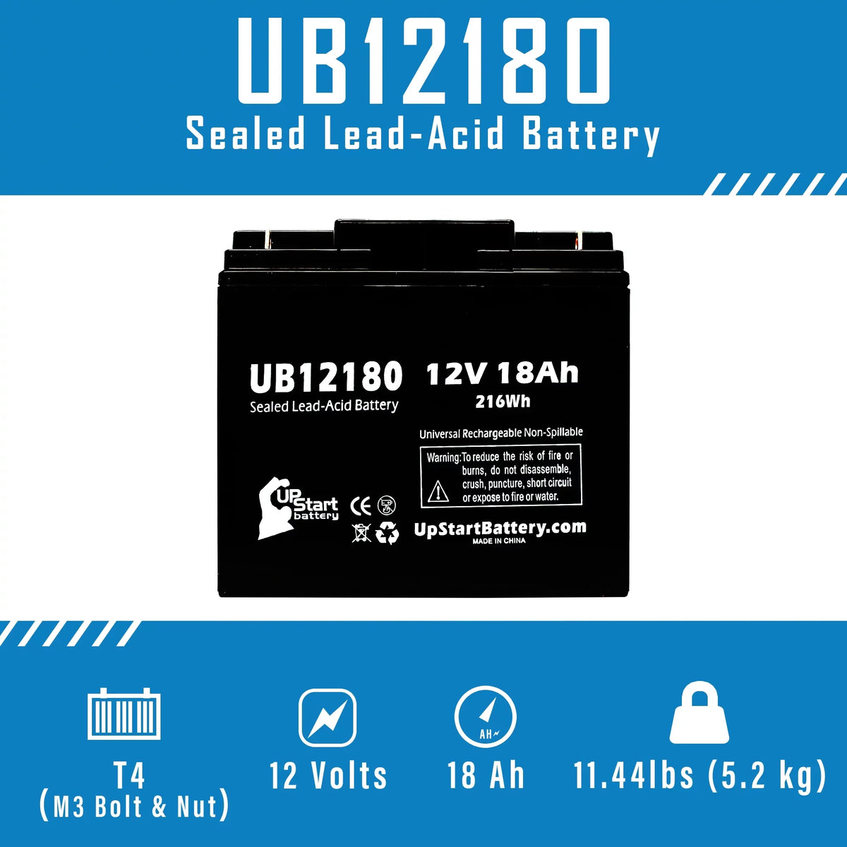Battery Universal Lead 2x AGM, Sealed Acid Replacement SLA) Battery / (12V, Portalac Compatible 18Ah, - GS T4 18000mAh, Pack PX12180 - UB12180 Terminal,