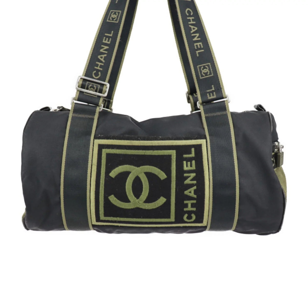 Sport Line Nylon Round Cocomark Khaki Travel Canvas Series Chanel Cylindrical Green 10 Black Shoulder Boston (Fair) Bag Pre-Owned CHANEL