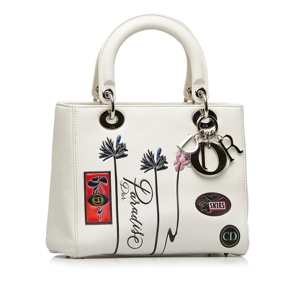 Lambskin Authenticated (Good) Satchel Lady Paradise White Unisex Leather Pre-Owned Medium Dior