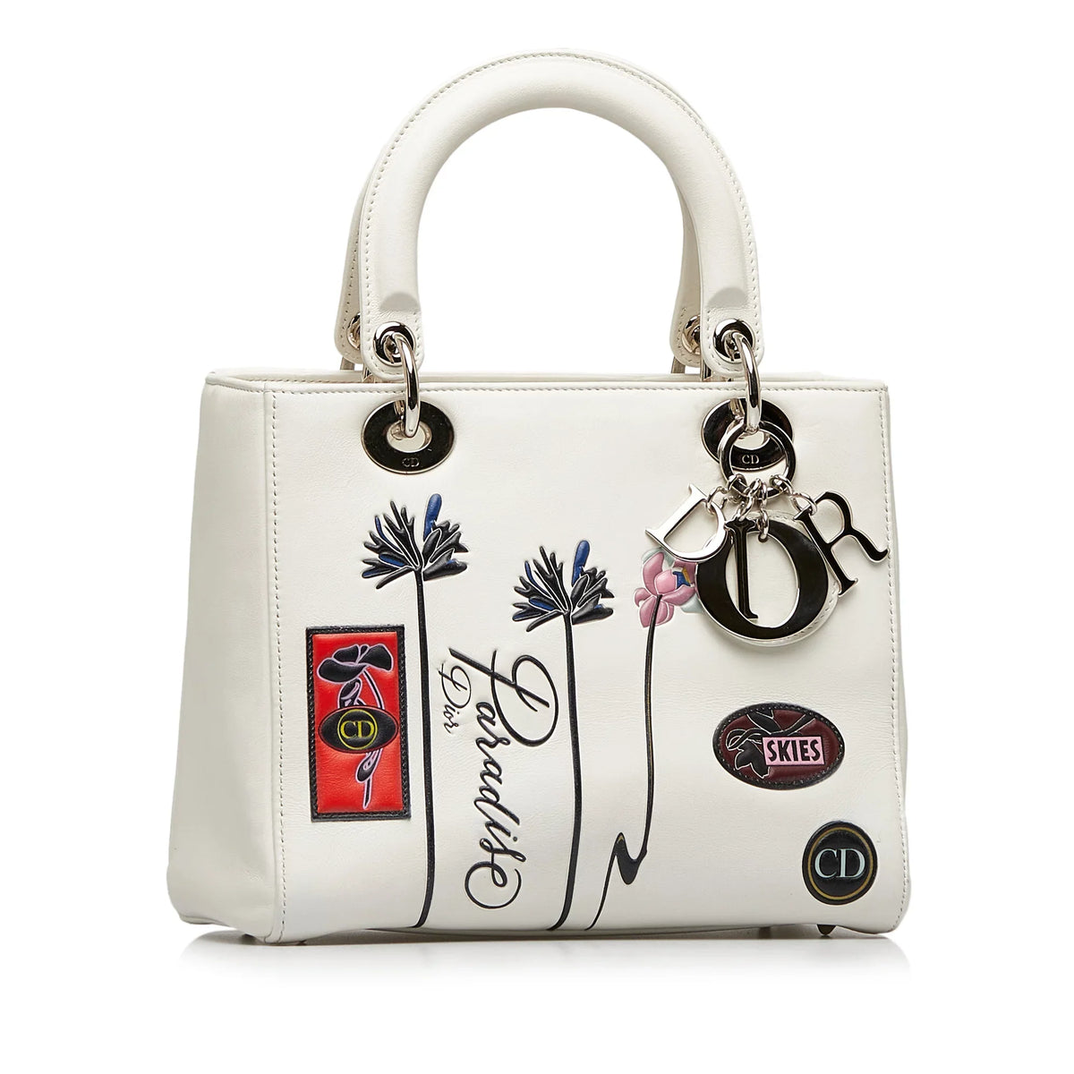 Lambskin Authenticated (Good) Satchel Lady Paradise White Unisex Leather Pre-Owned Medium Dior