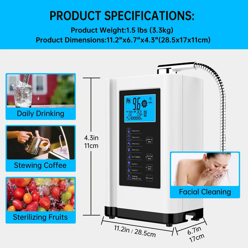 PH Ionizer, Water filter,7 Water Water to Liters 3.5-10.5 Machine, Alkaline Auto-cleaning,Intelligent Machine White) Water Purifier Acid Alka 8000 per up Settings, -500mV Voice ORP,