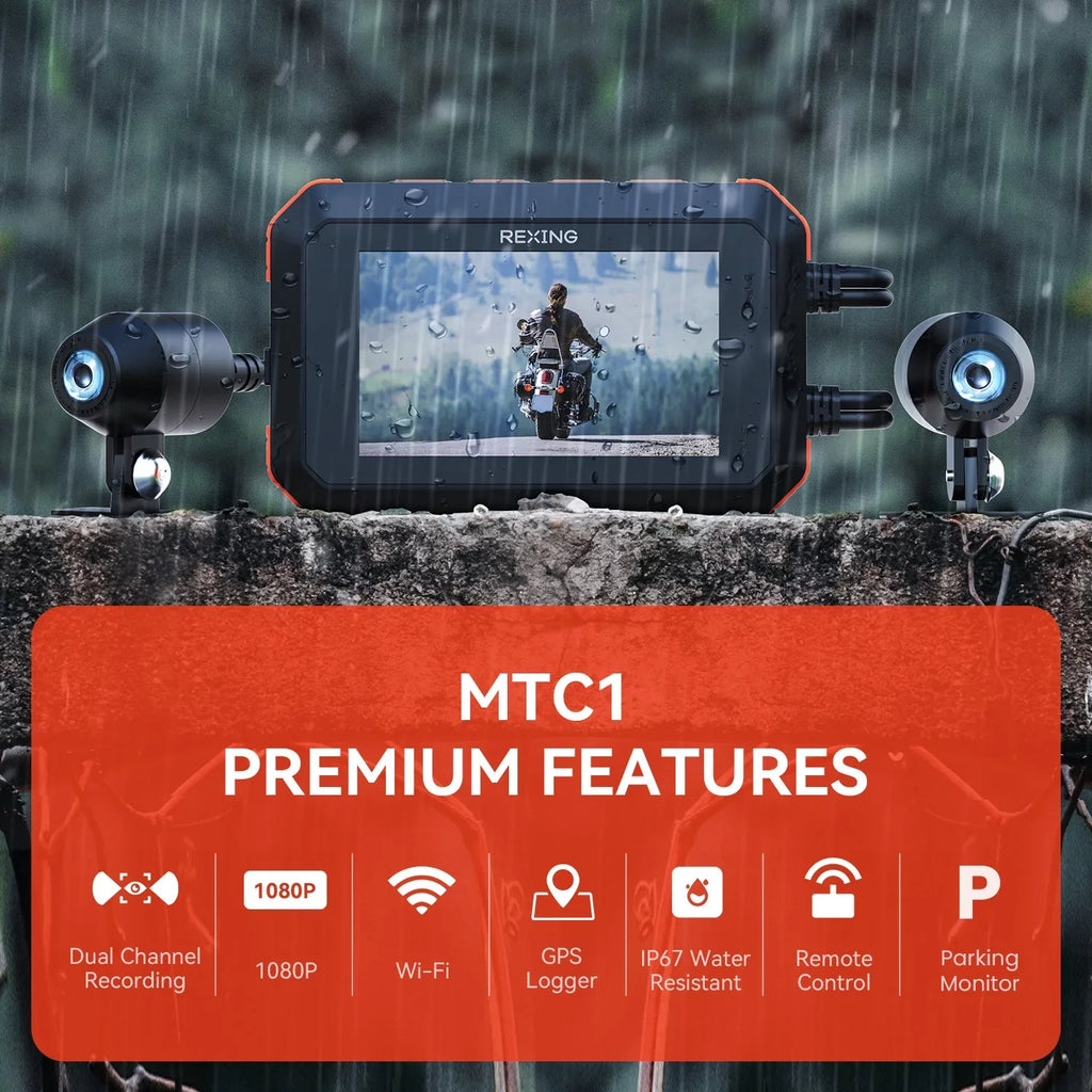 Wi-Fi GPS Channel Dash with Cam & 1080P Dual Rexing MTC1 Motorcycle
