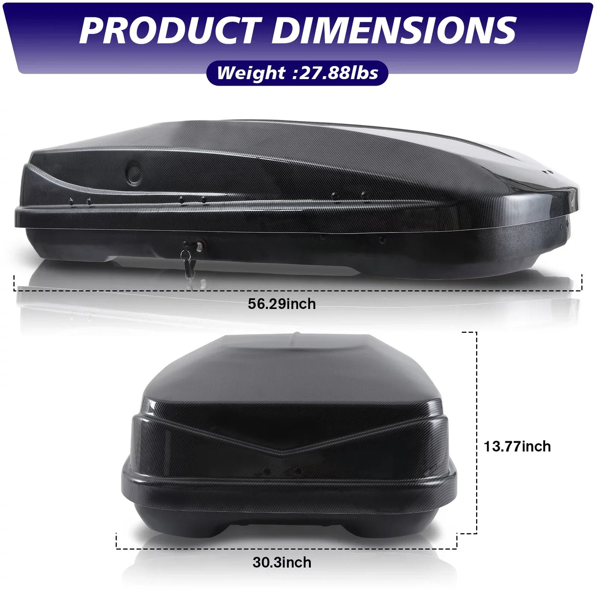 56.3" x H, Box Waterproof Large ft³ Rooftop Hard Fibre Box Locks, Cargo Cargo 30.3" W Carrier 13 Rooftop for x Grain Double Carbon L Cargo 13.8" with Shell Rooftop SUV